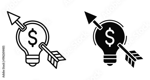 Business idea target icon with light bulb dollar sign and arrow representing financial success investment strategy and creative profit goals
