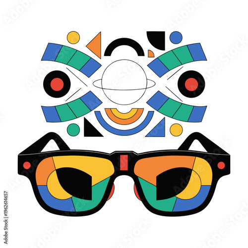 Abstract geometric composition with sunglasses and colorful shapes, modern flat vector illustration