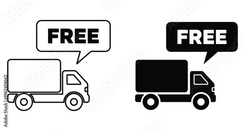 Free delivery truck icon set with outline and solid black versions for shipping logistics transport commerce and online shopping services