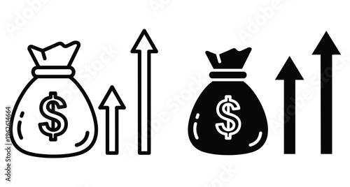 Money bag icon set with dollar sign and upward arrows representing financial growth profit increase investment success and wealth accumulation