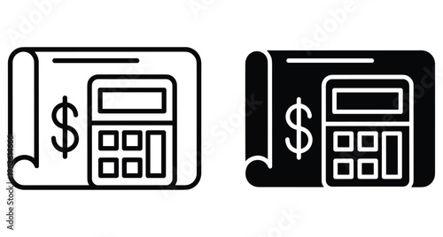 Financial planning icon set featuring calculator and dollar sign on document for accounting business budget and cost estimation analysis tools