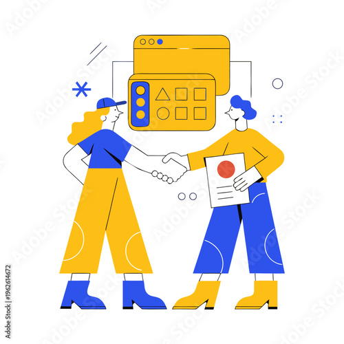 Business partnership concept, two people shaking hands, professional collaboration, agreement and deal vector illustration