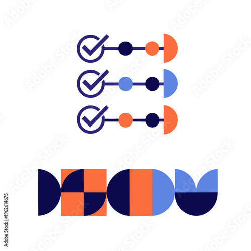 Abstract geometric infographic elements with checkmarks and colorful shapes