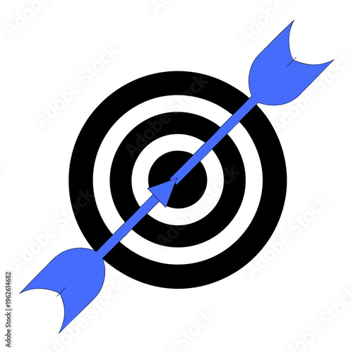 Vector illustration of a blue arrow hitting the center of a black and white target bullseye