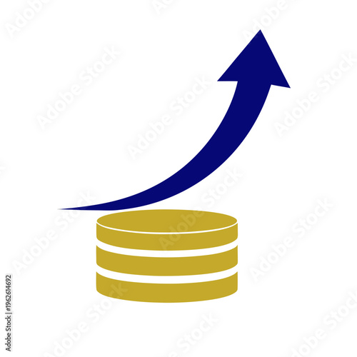 Abstract icon of a stack of gold coins with a blue upward trending arrow representing financial growth