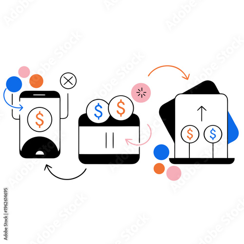 Financial transaction process illustration showing mobile payment, wallet transfer, and investment growth