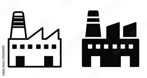 Factory icon set representing industrial manufacturing plant building with chimney smoke stack and windows for business production and engineering projects