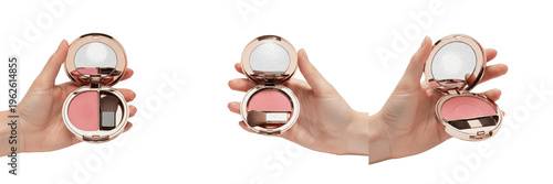 Foto Set of female hands holding round blush compact cases with mirrors and brushes o