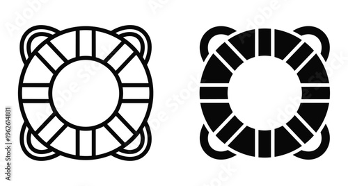 Lifebuoy icon set featuring outline and solid black circular life ring symbols for maritime safety rescue and nautical emergency equipment