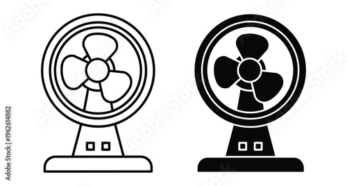 Electric desk fan icon set with outline and solid black versions for cooling ventilation appliance symbol in minimalist style design