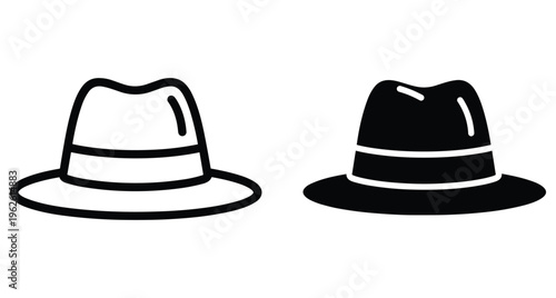 Classic fedora hat icon set featuring outline and solid black silhouette designs for fashion apparel and vintage headwear graphic elements