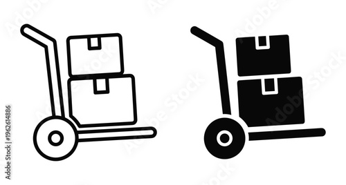 Hand truck icon set with cardboard boxes for delivery shipping logistics warehouse transportation moving service equipment outline and solid style