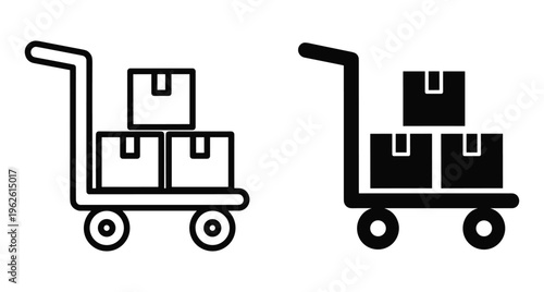 Hand truck trolley icon set with cardboard boxes for delivery shipping logistics warehouse transportation distribution service moving equipment outline solid style