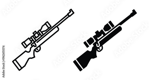 Sniper rifle icon set with scope for hunting and shooting sports including outline and solid black silhouette vector sniper rifle icons