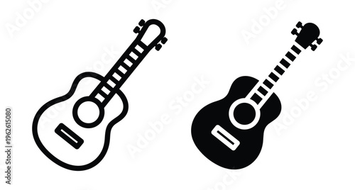 Acoustic guitar icon set featuring outline and solid black silhouette styles for music apps web design and creative graphic projects