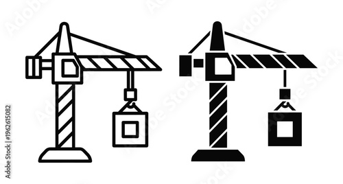 Construction tower crane icons set with outline and solid black styles for building site heavy machinery and industrial equipment