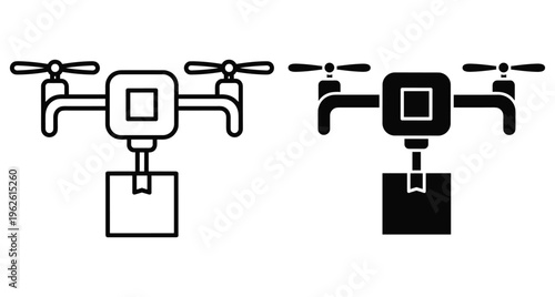 Drone delivery icon set showing quadcopter carrying package for shipping logistics and modern transportation services in outline and solid styles