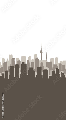 A silhouette of a dense urban skyline with numerous skyscrapers and a prominent tower against a white background.
