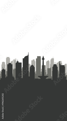 A monochromatic silhouette of the Jakarta skyline, featuring prominent skyscrapers and the iconic Monas monument against a white background.