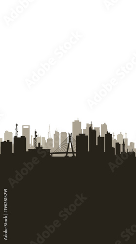 A stark silhouette of a modern city skyline featuring numerous skyscrapers and a prominent suspension bridge against a white background.