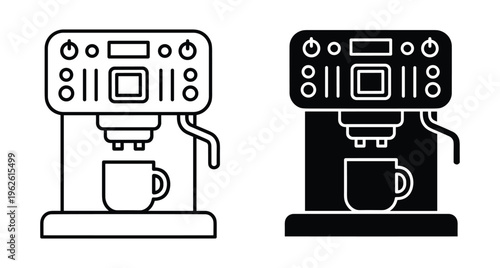 Coffee machine icon set with espresso maker and cup in outline and solid glyph style for kitchen appliance design