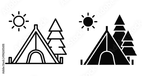 Camping tent icon set featuring pine trees and sun in outline and solid black styles for outdoor adventure travel tourism design elements