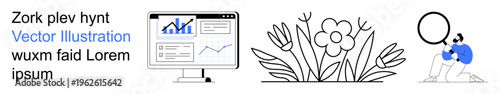 Business strategy, growth analysis, natural , exploration, analytics, teamwork. Graph display, plant person with magnifying glass. Business strategy and growth analysis