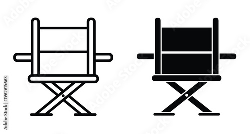 Director chair icon set featuring outline and solid black versions for film production cinema movie industry and studio equipment design