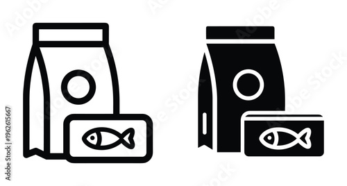 Pet food packaging icons set featuring dry food bag and canned fish tin for domestic animals nutrition and care supplies