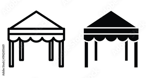 Canopy tent icon set featuring outline and solid black gazebo symbols for outdoor events market stalls and garden party shelter
