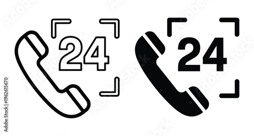 Customer service 24 hours phone support icon set with telephone handset and number twenty four for hotline assistance and communication