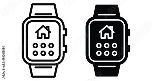 Smartwatch icons for smart home automation control showing house symbol and keypad interface in outline and solid black graphic styles