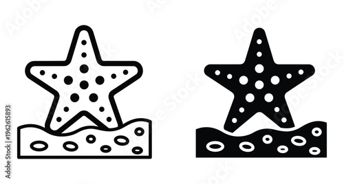 Starfish icon set featuring outline and solid black silhouettes on sandy beach surface for summer vacation and marine life design
