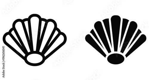 Scallop seashell icon set with outline and solid black silhouette styles for summer beach ocean and marine life design projects