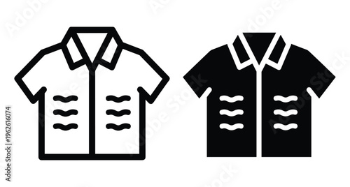 Guayabera shirt icon set featuring short sleeves and traditional pleated details in outline and solid black vector graphic style