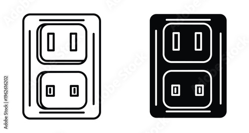 Electrical wall outlet socket icon set with outline and solid black versions for power supply and home electricity connection