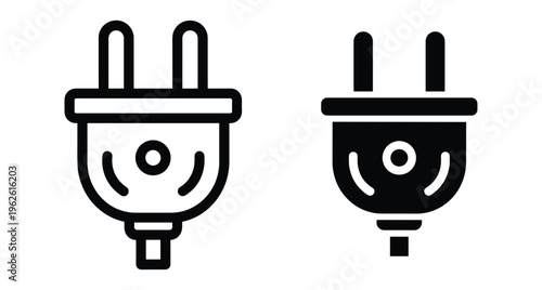 Electric plug icon set with outline and solid glyph styles for power connection energy supply electrical equipment and hardware design