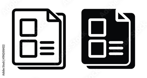 Document file icon set with outline and solid styles showing page layout with image placeholders and text lines for interface design