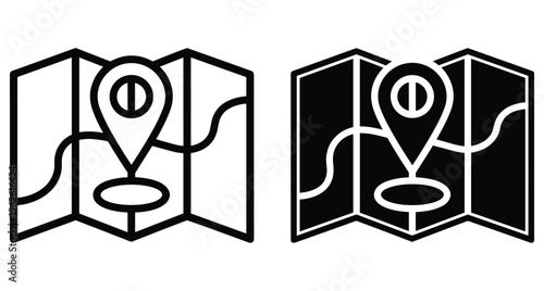 Map location pin icon set with folded paper guide and navigation route path for travel destination tracking and geographic positioning