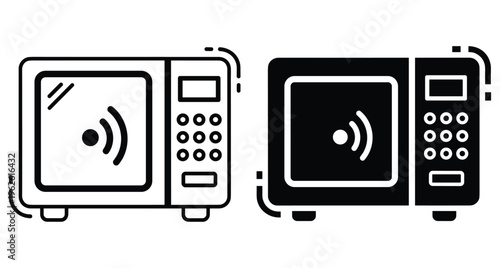 Smart microwave oven icon set with wireless connection symbol digital display keypad buttons kitchen appliance technology for cooking heating food