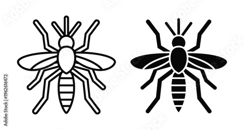 Mosquito insect icon set with outline and solid black silhouette symbols for pest control health awareness and disease prevention graphics