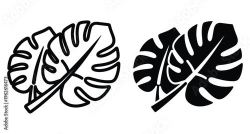 Monstera deliciosa leaf silhouette and outline vector set tropical plant foliage icons for summer design nature botanical elements black white