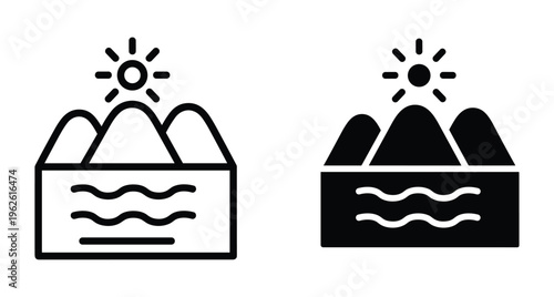 Mountain landscape icon set with sun and water waves representing nature scenery travel destination outdoor adventure and environment conservation symbols