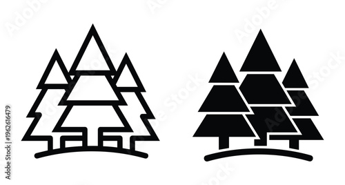 Pine tree forest icons set with outline and solid black silhouette styles for nature environment wood timber and outdoor design