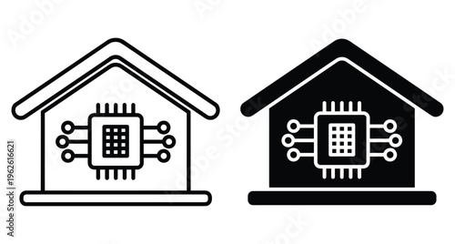 Smart home automation icon set featuring house silhouette with electronic microchip processor representing intelligent building technology internet of things and connectivity