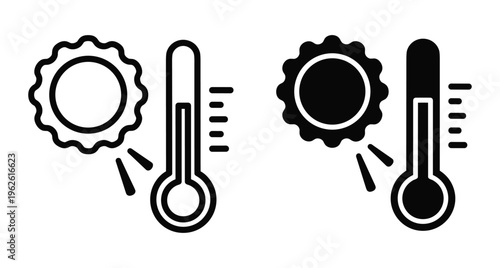 Sun and thermometer icons representing high temperature heatwave summer weather climate change and thermal measurement in outline and solid styles