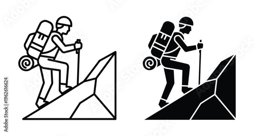 Hiker climbing mountain icon set with backpack and trekking pole in outline and solid glyph style for outdoor adventure travel design