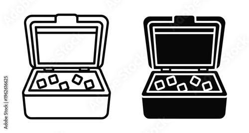 Portable cooler box icon set with ice cubes for camping picnic outdoor travel food storage refrigeration equipment vector illustration