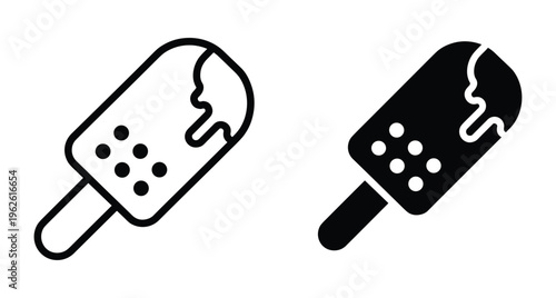 Ice cream bar icon set featuring popsicle with chocolate coating and sprinkles frozen dessert symbol summer treat outline and solid style