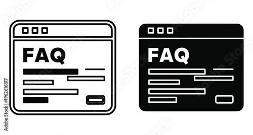 FAQ browser window icons set with outline and solid styles for web help support information frequently asked questions interface design elements